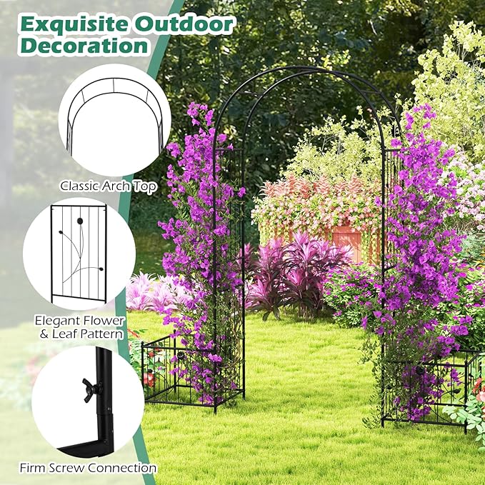 Moccha Garden Arbor with Planters - 86'' Metal Arbor Trellis for Climbing Plants, Ivy, Vines, Outdoor Archway Pergola with 8 Ground Stakes, Garden Arch for Wedding Ceremony Decoration Lawn Patio