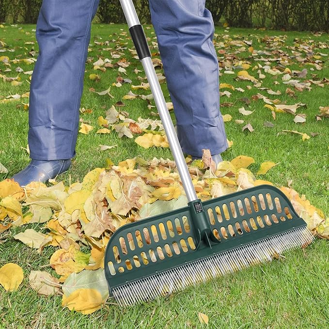 ORIENTOOLS Garden Leaf Rake 2 in 1 Turf Rake for Artificial Grass and Lawn with Telescopic Steel Handle, 49" to 63" Long