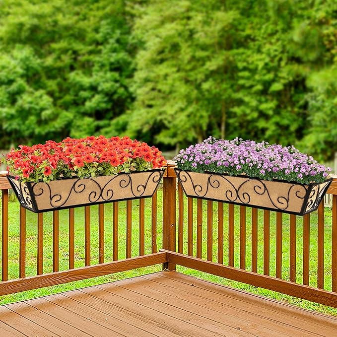 Y&M 24 Inch Window Deck with Coco Liner, Fence Metal Hanging Flower Planter Window Basket Deck Railing Planter Boxes for Outdoor Garden Lawn-Butterfly,4pcs