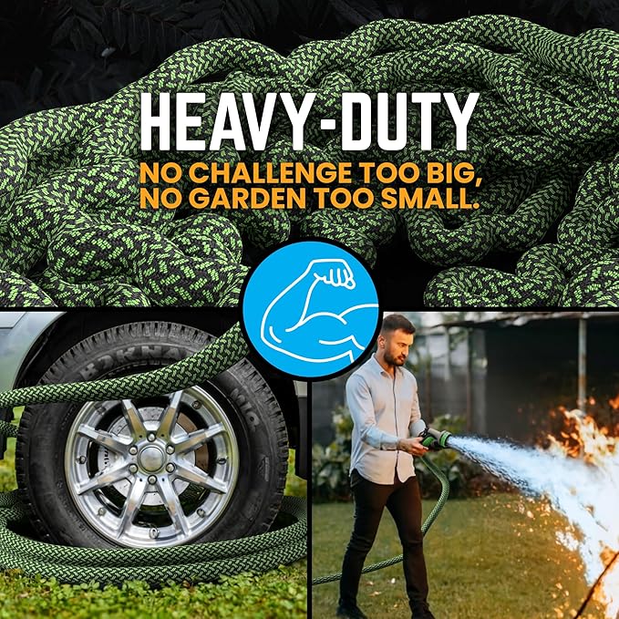PowerFlow Garden Hose, NON-EXPANDABLE 100ft Premium Quality Stainless Steel Metal Water Hose with Durable Fabric Skin, Hose For Commercial, Residential Use, Bonus 10-way Spray Nozzle (100 Ft, Green)