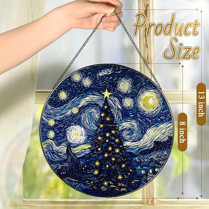 8-Inch Starry Night Christmas Tree Suncatcher Ornament, Stained Glass Window Hanging & Stained Glass Holiday Ornament, Sun Catcher Window Decor, Van Gogh’s Keepsake, Gifts for Christmas & Holidays