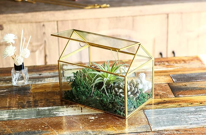 House Shape Close Glass Geometric Terrarium Tabletop Succulent Plant House Garden Planter Moss Fern Swing Lid, Flower Pot for Plants Succulent, Air Plant (Gold)