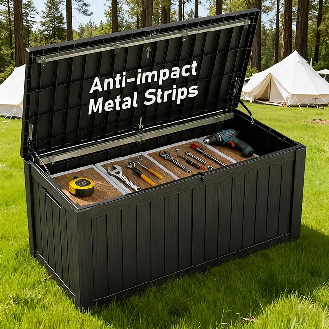 Outdoor Storage Box, Resin Deck Boxes Indoor and outdoor, Waterproof Storage Box Lockable Lid (Black, 150 Gallon)