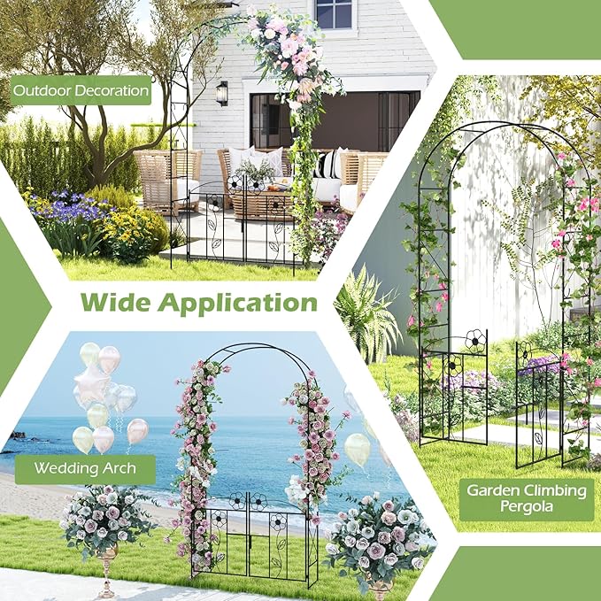 Giantex Garden Arbor with Gate, 7.5FT Metal Arch Trellis for Climbing Plants Rose Ivy, Archway Pergola with Flower Door, 4 Stakes, Garden Arch for Wedding Ceremony Bridal Party Decoration