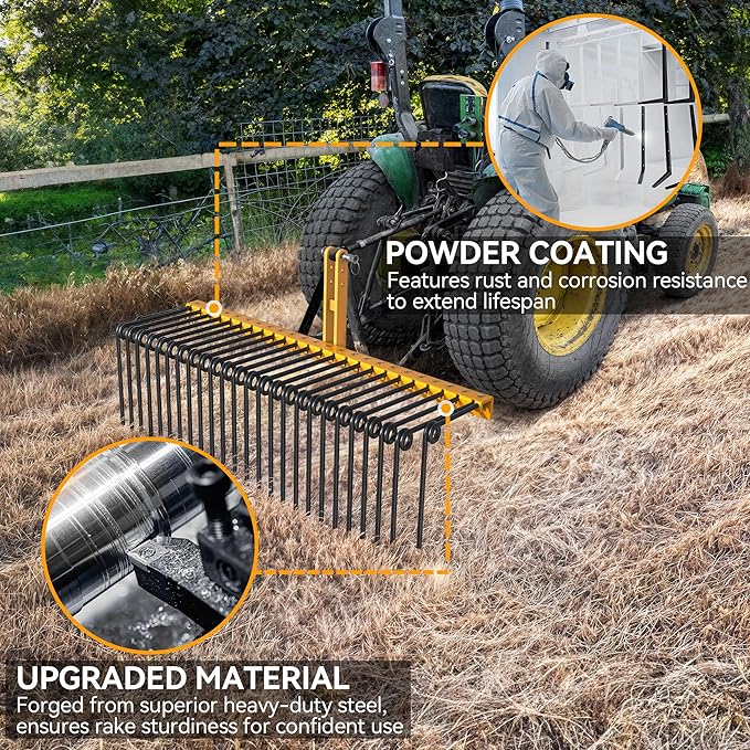 YINTATECH 60" Steel Pine Straw Rake, 3 Point Quick Hitch Landscape Rakes with 26 Durable Springs Landscape, Powder Coated Tow Behind Rake for Cat-1 Tractor to Collect Leaves for Garden, Yard, Lawn