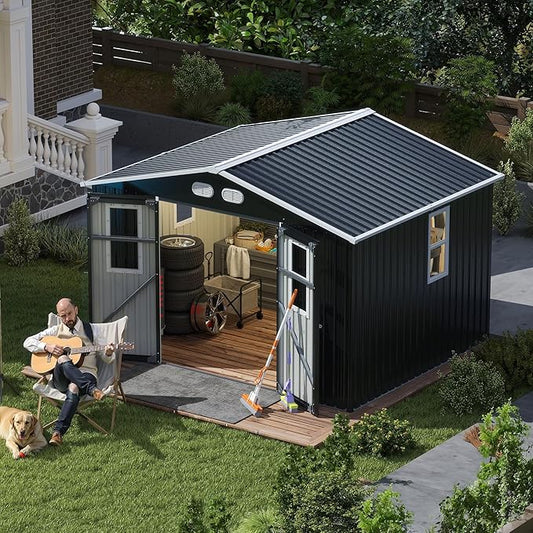 8x10 SF Outdoor Storage Shed,Metal Shed with Lockable Doors & 4 Daylight Windows,Garden Tool Shed w/Air Vents & Sloped Roof, Ideal for Backyard,Patio,Lawn,Dark Gray