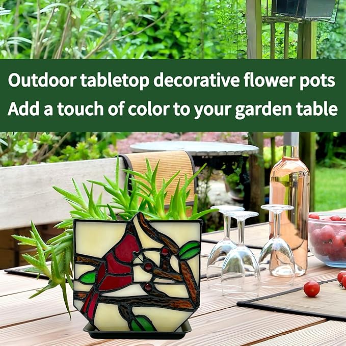 Stained Glass Cardinal Bird Indoor Planter Pot, Decorative Flower Pot with Drainage,Planter Pots for Indoor Plants,Christmas Cardinals Decorations,Cardinal Gifts