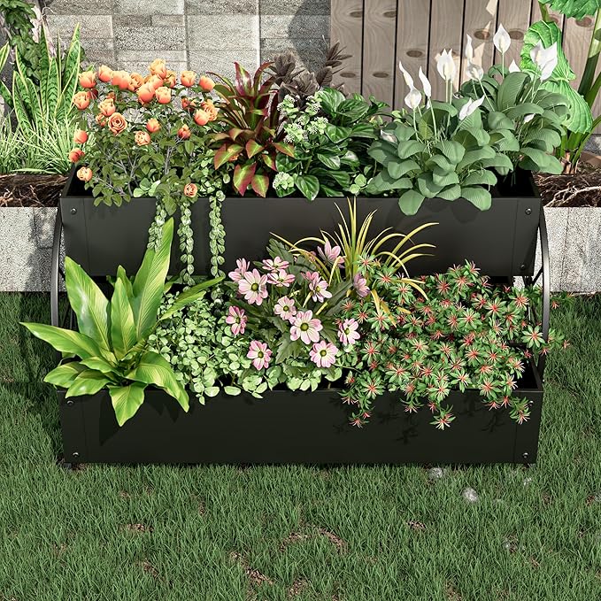 Metal Wagon Planter Box, 3-Tier Garden Planter with Wagon Wheels, Decorative Outdoor Planters for Flowers Herbs Vegetables, Flower Cart Small Raised Garden Bed for Patio, Balcony (Black)