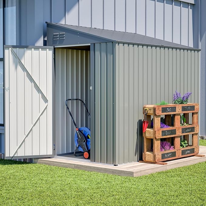 4×7 FT Outdoor Metal Storage Shed,Heavy-Duty Lean to Storage Shed with Lockable Door and Reinforced Beams,All Weather Waterproof Storage House W/2 Air Vents,for Backyard,Patio,Lawn,Gray