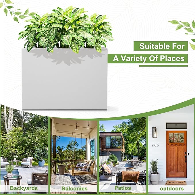 FENCY Metal Rectangular Planter Box - Large Tall Planters with Drainage Holes (35.4" L x 9" W x 25.6" H, White)