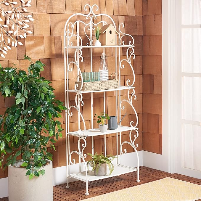 SAFAVIEH Outdoor Collection Tyrique Victorian Antique White Wrought Iron 4-Tier Shelf Unit