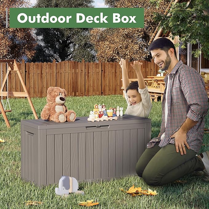Outdoor Storage Box, Resin Deck Boxes Indoor and outdoor, Waterproof Storage Box Lockable Lid (Grey, 80 Gallon)