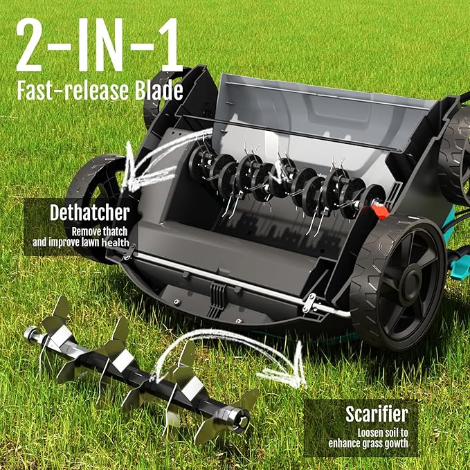 14-Inch Lawn Scarifier and Dethatcher, Powerful 13-Amp Electric Tool with 10.5 Gal Collection Bag, Adjustable Depth Settings & Safety Lock System