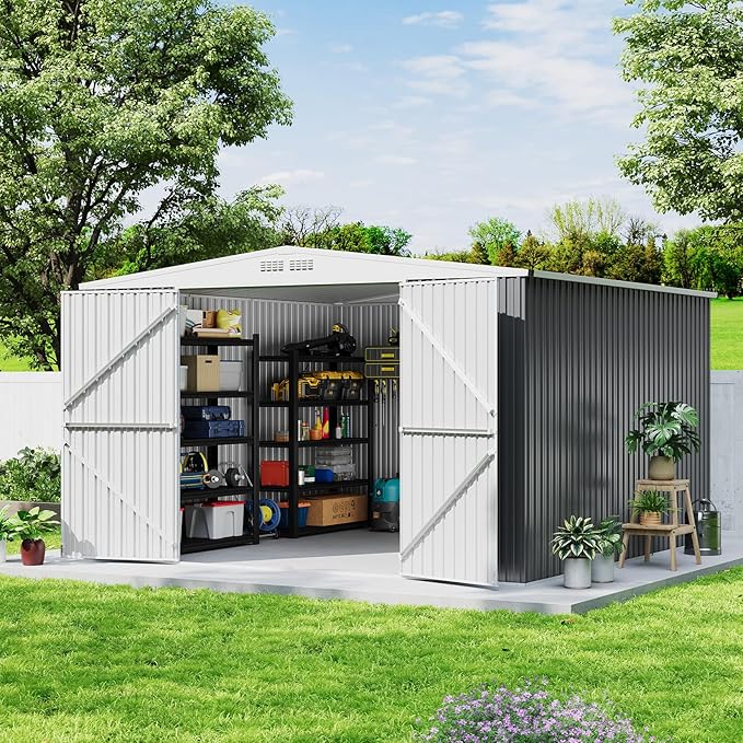 GarveeLife 9x12 Shed for Outdoor Storage, Galvanized Steel Metal Tool Sheds House with Lockable Doors, Lock & Air Vent, Large Utility Sheds for Patio Garden Lawn (9x12.6, Grey)