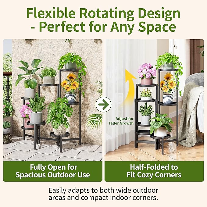 7 Tiered Metal Corner Plant Stand Indoor Outdoor, Tall Large Folding Rack with Rust Proof 7.9 Inch Wide Tray, Heavy Duty Flower Shelf for Multiple Plants for Patio - BlackDisk