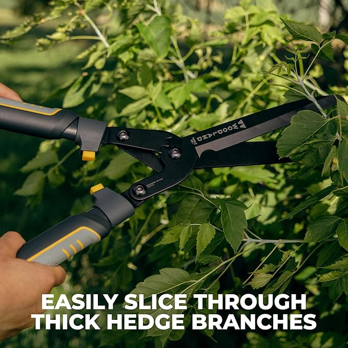 Woodland Tools Super Duty Hedge Shears, 23 Inch Manual Hedge Clippers with 10 Inch Gear-Assist Blades, Power Notch, and Non Stick Coating, Heavy Duty Trimmer for Thick Shrubs and Hedges