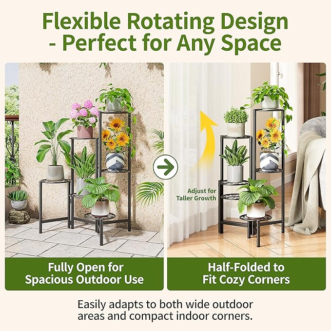 6 Tier Large Plant Stand Indoor with 7.9-Inch Wide Drainage Tray, Tiered Corner Metal Outdoor Flower Display Holder Shelf, Folding Tall Rack for House Patio Porch Balcony Graden - BlackS