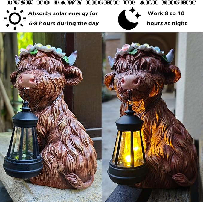 Garden Highland Cow Statue Solar Outdoor Decor with Flower Decoration，Funny Triple Highland Cow Decor Birthday Gifts for Women Mom，Highland Cows Figurine for Yard Garden Patio Lawn Ornaments