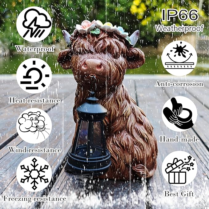 Garden Highland Cow Statue Solar Outdoor Decor with Flower Decoration，Funny Triple Highland Cow Decor Birthday Gifts for Women Mom，Highland Cows Figurine for Yard Garden Patio Lawn Ornaments