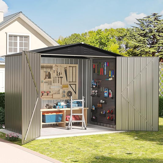Outdoor Metal Shed,6×4 FT Metal Shed with Peaked Roof and Lockable Double Doors,Waterproof Outdoor Tool Storage Clearance for Backyard,Garden,Brown