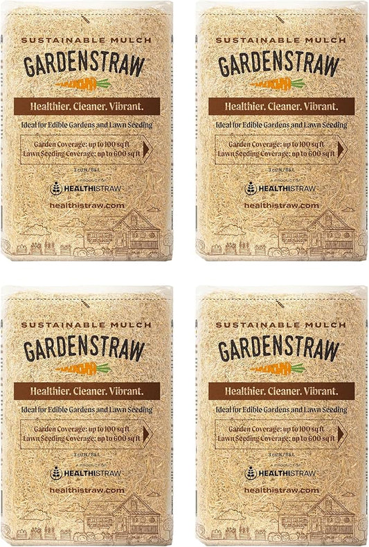 GardenStraw, 3 cu ft (20 lbs) Pack of 4 – All-Natural Mulch for Gardens, Vegetables & Lawn Seeding – Water-Conserving Wheat Straw – Thoroughly Cleaned, Sustainable