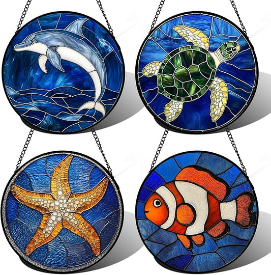 Stained Glass Window Hanging 4 Pcs Set Blue Ocean Turtle Dolphin 7.8" - Marine Life Suncatcher Garden Sun Catcher Decor Birthday Mother's Day for Mom Woman Nana Men