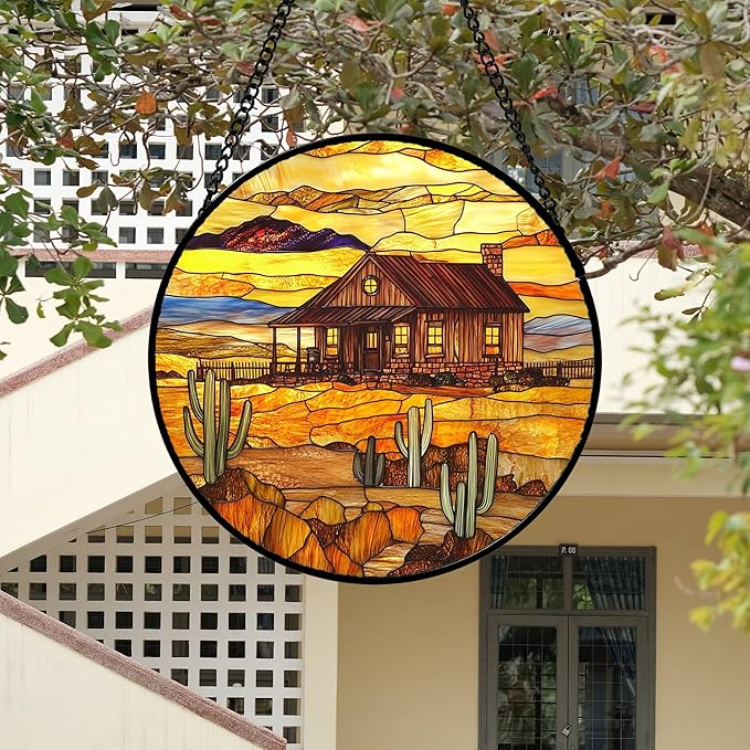 Stained Glass Window Hanging 4 Pcs Set Desert Sunset Theme Landscape Large 11.8" - Suncatcher Door Garden Sun Catcher Decor Birthday Christmas for Mom Woman Nana Men