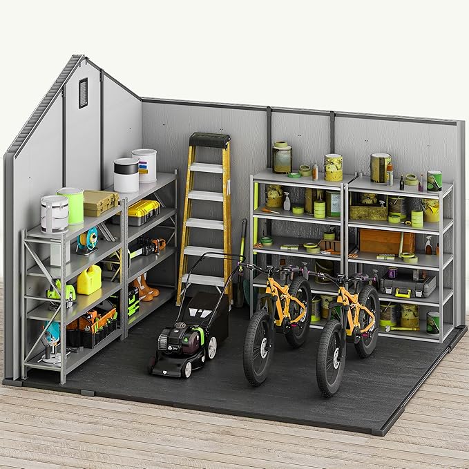 DWVO 8x10 FT Outdoor Storage Shed, 544 cuft Plastic Storage Shed with Floor & Lockable Door, All-Weather Tool Garden Shed with Window & Vent for Patio Furniture, Lawn Mower, Pool Supplies, Dark Gray
