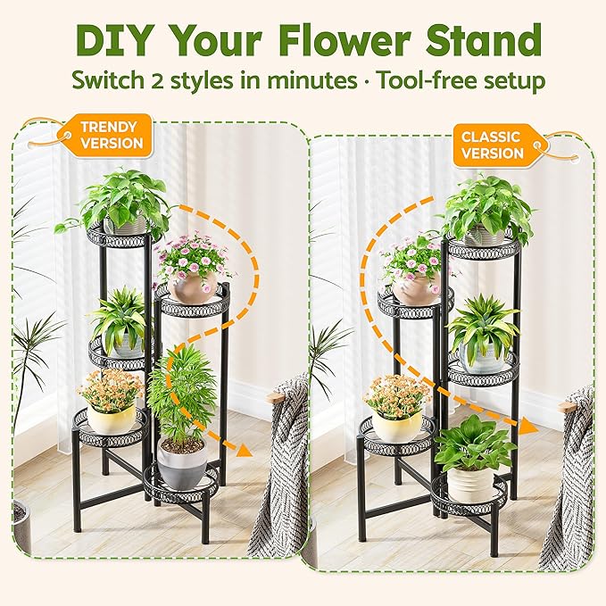Plant Stand Indoor Outdoor, 5 Tier Corner Metal Flower Display Holder Stand, Folding Tall Plant Rack for Patio Balcony Porch Garden Living Room House, Heavy Duty Wrought Iron Plant Shelf - BlackFlower