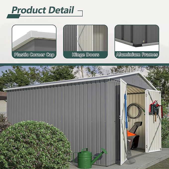 10X10 FT Outdoor Storage Shed,Metal Shed W/Lockable Doors,Air Vents & Sloped Roof,Garden Tool House W/Updated Frame Structure,for Backyard Patio Lawn,Gray