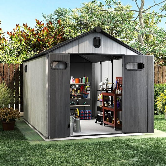 Domi 8x10Ft Resin Outdoor Storage Shed, Plastic Garden Shed with Carpet, Outside Weatherproof Storage Building for Tools, Bike, Lawn Mower, Patio, Backyard