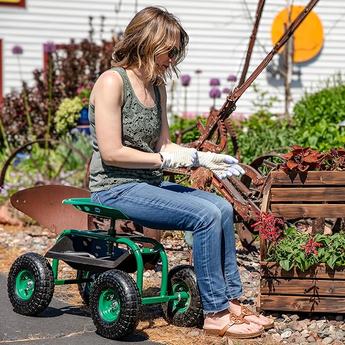 Sunnydaze Rolling Garden Cart with Swivel Seat and Storage - Rolling Garden Seat with Wheels - Gardening Stool with Wheels - Green