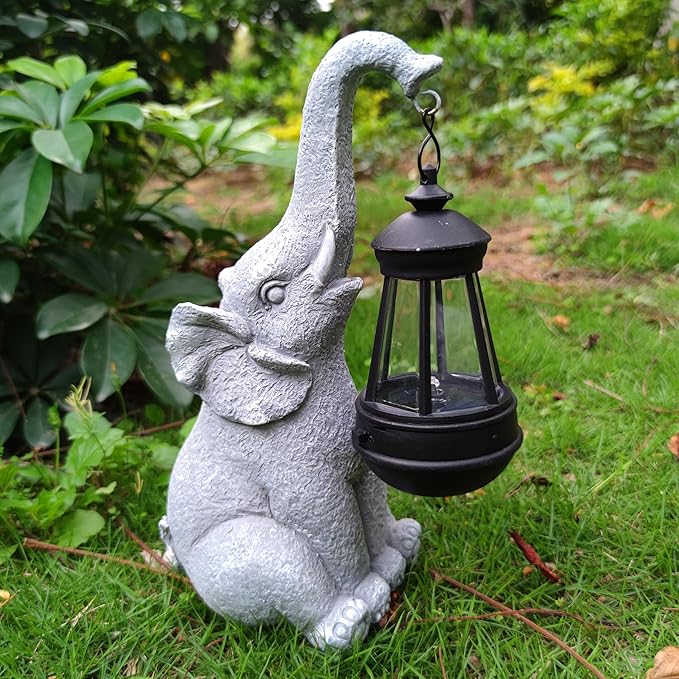 Elephant Solar Garden Statues,Resin Elephant Figurine Decorations with Solar Lights Lantern, Outdoor Garden Decor Art for Lawn,Yard, Unique Housewarming Gift for Garden Home