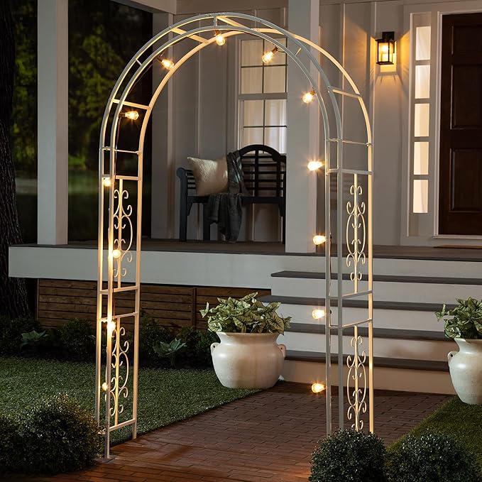 Plow & Hearth Arch Metal Outdoor Garden Arbor, 84 inches Tall, Iron Trellis Lattice for Climbing Plants, Wedding Arch, Outdoor Patio Décor (Montebello-White)