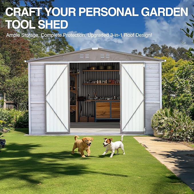 8x10 FT Outdoor Wood Storage Shed, Garden Tool Shed with Windows, Outside Storage Shed Waterproof for Backyard, Garden, Patio, 4 Vents (Without Floor) Gray