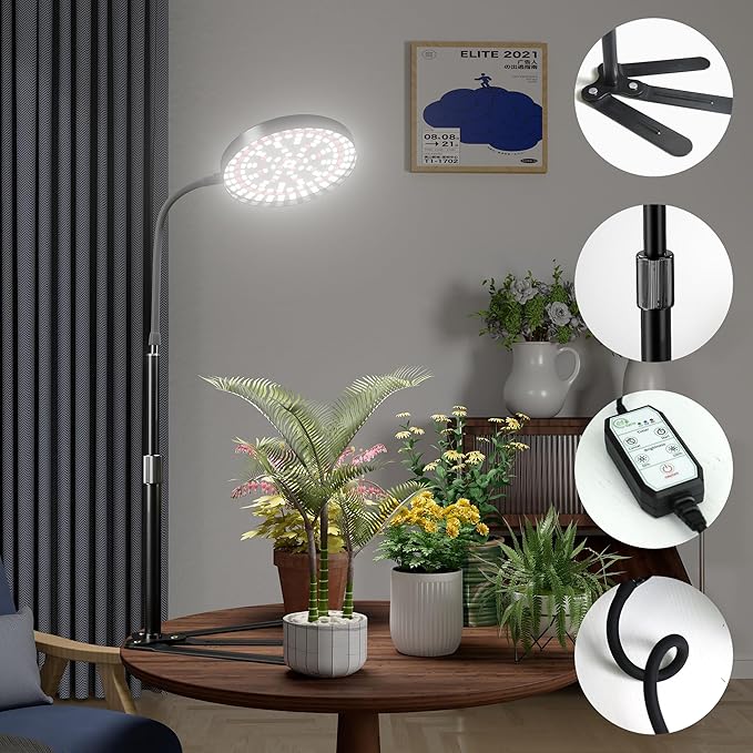 GooingTop Grow Light for Plants Indoor Growing,6000K Full Spectrum Plant Growing Lamp with White Red Blue LED for Pots Succulents Seed Starting,Height 10-32'' with Optional Dimming & Timer