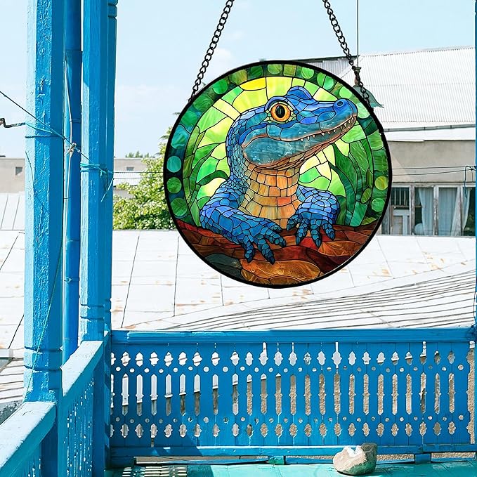 Stained Glass Window Hanging, Blue Alligator Sun Catcher for Window Door Home Decor Green Brown Suncatcher Christmas Mother's Day Birthday Gifts for Women Men Mom and Nana 15 in