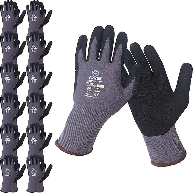 12 Pairs Nylon Work Gloves, Nitrile Micro Foam Slip Resistant Coating on Palm, Smart Touch, Grey (Medium)