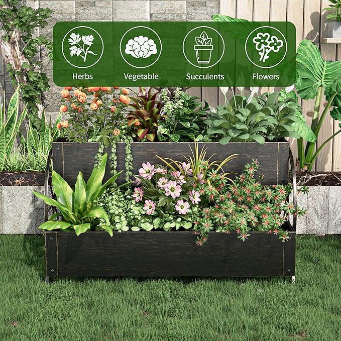 Metal Wagon Planter Box, 3-Tier Garden Planter with Wagon Wheels, Decorative Outdoor Planters for Flowers Herbs Vegetables, Flower Cart Small Raised Garden Bed for Patio, Balcony (Retro Gold)
