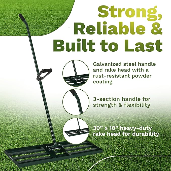 Lawn Leveling Rake 30x10 inch, Anti Flip - Heavy Duty Leveling Tool, Steel Handle, and Rake Head– Includes Gloves, Planting Mat, and Garden Shears – Yard Leveler for Lawn Garden, Soil, Sand, and Grass