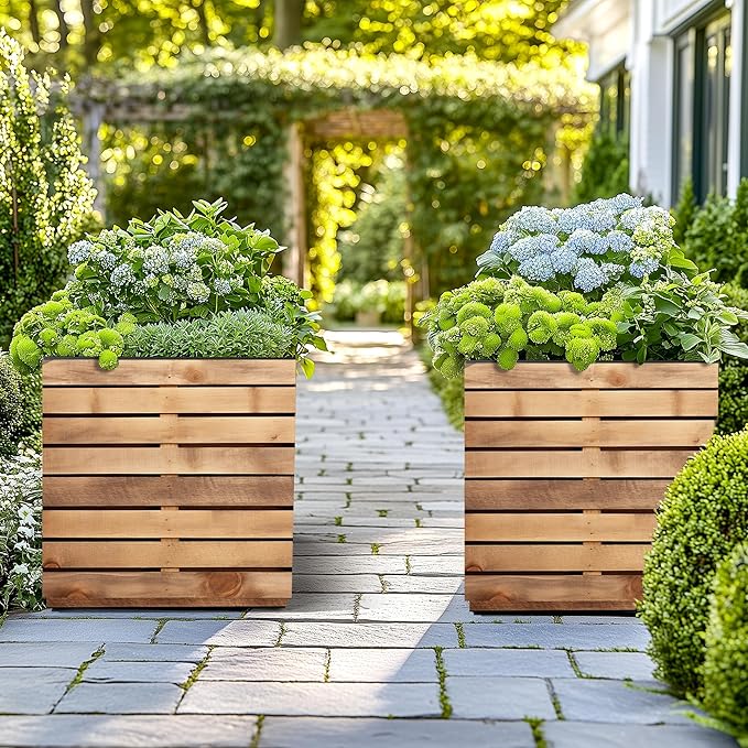 FENCY Metal Planter Box, Large Rectangular Planters for Outdoor Plants, Outdoor Tall Planters with Drainage Holes, Walnut Finish Metal Planters (17″ × 17″ × H18″)