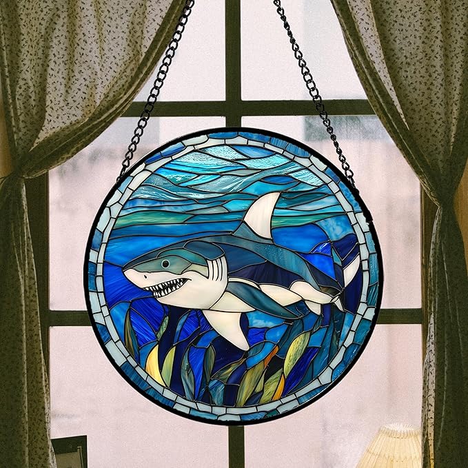 Stained Glass Suncatcher, Blue Ocean Big Shark Sun Catcher Waterweed Stain Glass Window Hanging Decoration Mother's Day Birthday Gifts for Women Men Mom Nana 9.8 in
