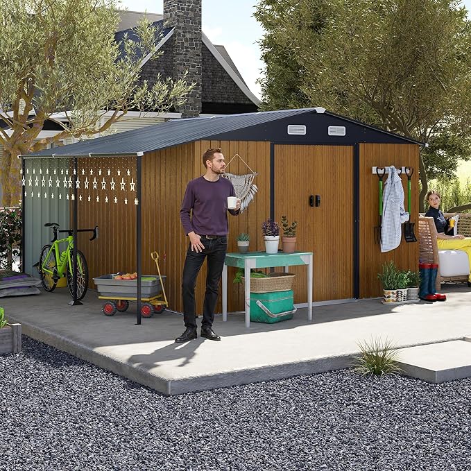 10x12 FT Outdoor Storage Shed,Extra Large Metal Garden Tool Shed with Lockable Doors,Windows & Air Vents,Dual-Zone Design Outside Steel Tiny House for Backyard, Patio Lawn,Yellow