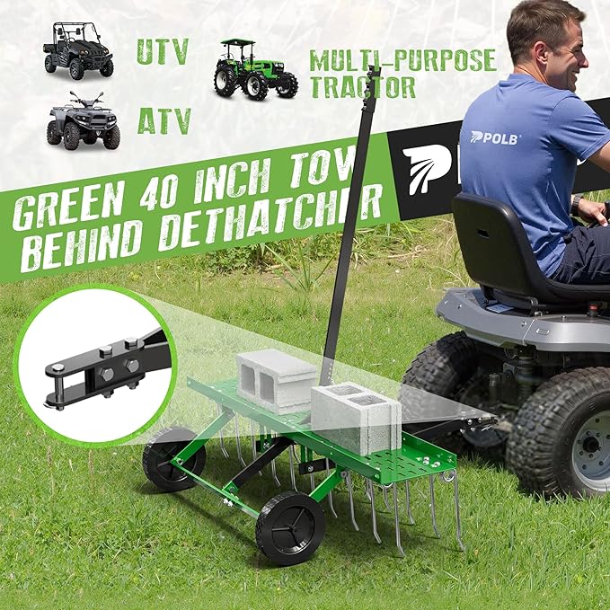 40" Tow-Behind Dethatcher with 20 Spring Steel Tines, Pull Behind Lawn Tractor Mower Grass Rake for Yard, Garden, and Farm Care – Removes Thatch, Leaves, and Pine Needles-Green
