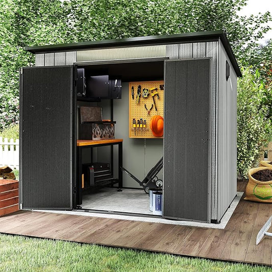 Domi 6x8FT Lean to Resin Shed, Plastic Outdoor Storage Shed with Carpet, Outside Storage Building for Garden Tools, Bike, Lawn Mower, Yard
