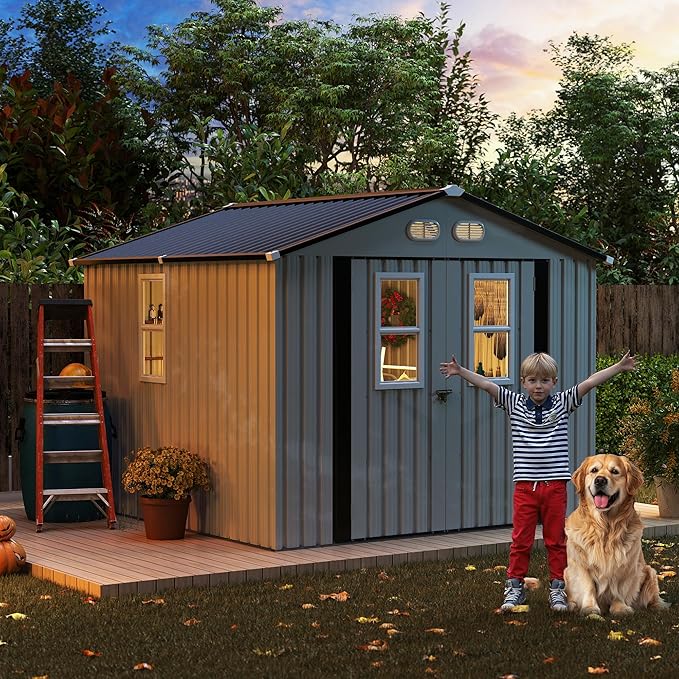 8x8 SF Outdoor Storage Shed,Metal Shed with Lockable Doors & 4 Daylight Windows,Garden Tool Shed w/Air Vents & Sloped Roof, Ideal for Backyard,Patio,Lawn,White