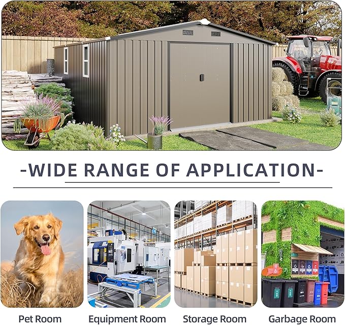 10x12 FT Outdoor Storage Shed, Extra Large Metal Shed with Lockable Doors,Vent & 2 Windows, All-Weather Tool Shed Storage House for Backyard,Garden,Patio, Lawn, Brown