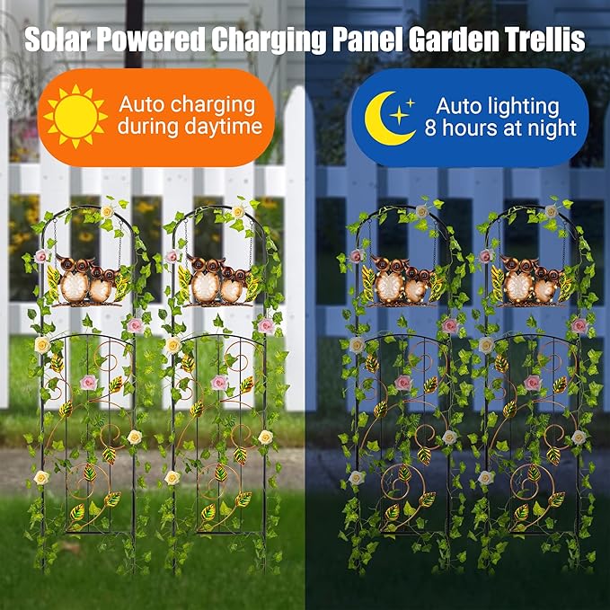 Solar-Powered Iron Plant Trellis with Lights,Voumsil Outdoor Garden Climbing Plant Support, Weatherproof Metal Stake for Vine Roses, Decorative Solar Lighting for Patio, Yard (Metallic Color 2 PCS)