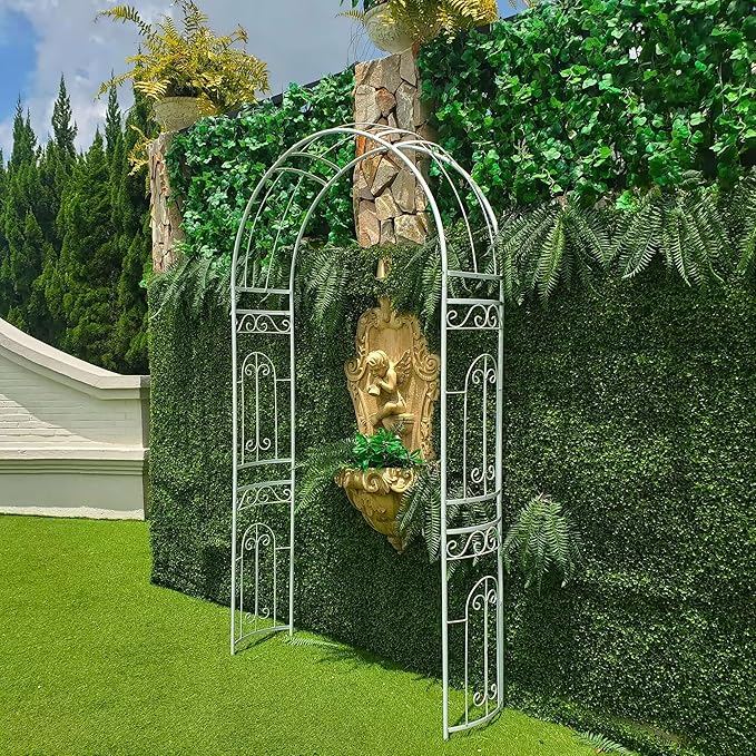 White Wedding Arch Garden Arbor Curved Metal Archway with Elegant Curve for Climbing Plants Roses Vines Garden Lawn Backyard Patio Wedding Outdoor Ceremony