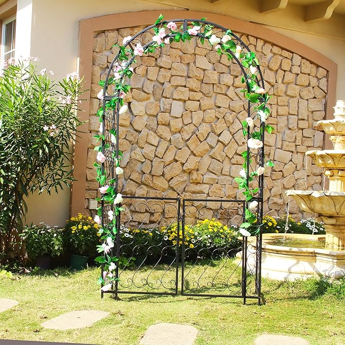 Heavy-Duty Arbor with Gate 48.8" W x 83.5" H, Iron Arch Trellis Arbor Archway for Climbing Plants Roses Vines Support Rack, Outdoor Lawn Backyard Patio Wedding Party Ceremony Decoration